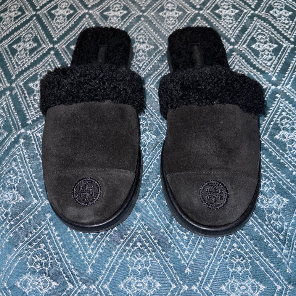 Tory Burch Black Suede Shearling Slippers